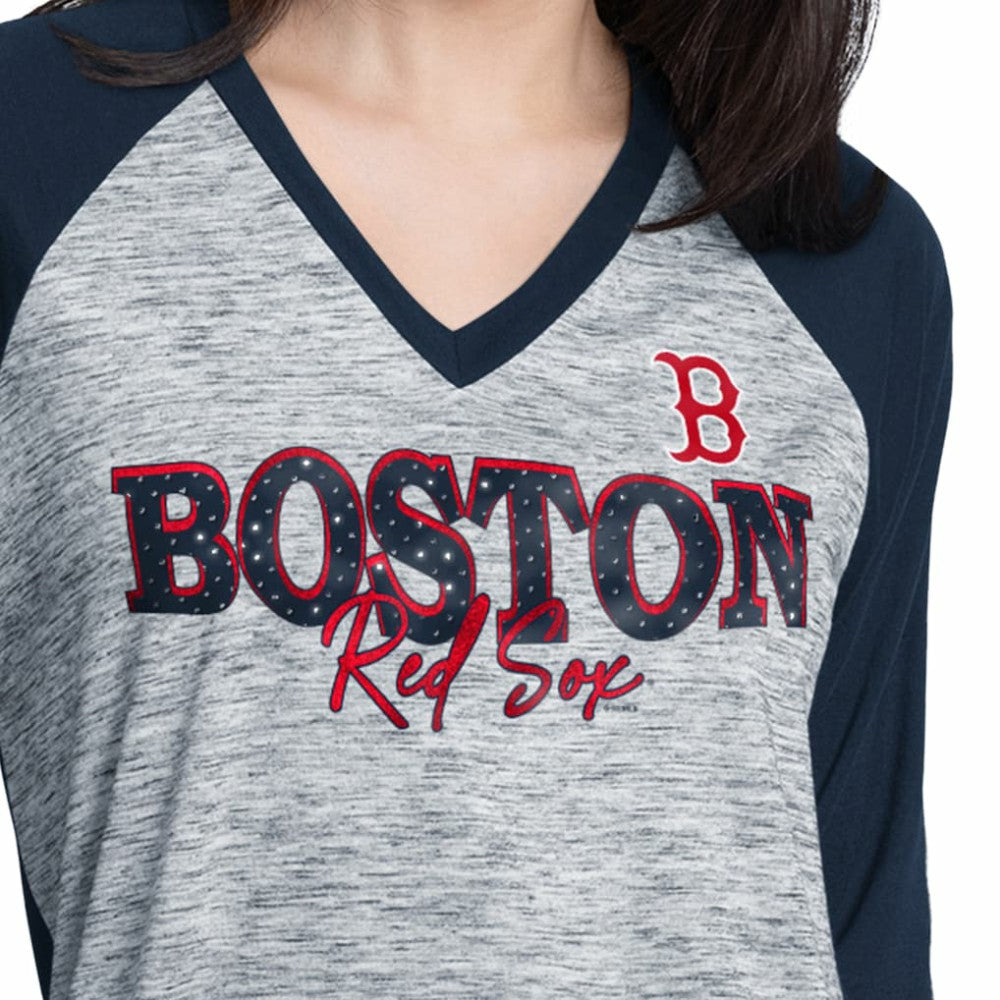 Boston Red Sox G-III 4Her by Carl Banks Women's Speed Training 3/4-Sleeve Rhinestone V-Neck T-Shirt - Navy/Heather Navy