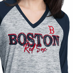 Boston Red Sox G-III 4Her by Carl Banks Women's Speed Training 3/4-Sleeve Rhinestone V-Neck T-Shirt - Navy/Heather Navy