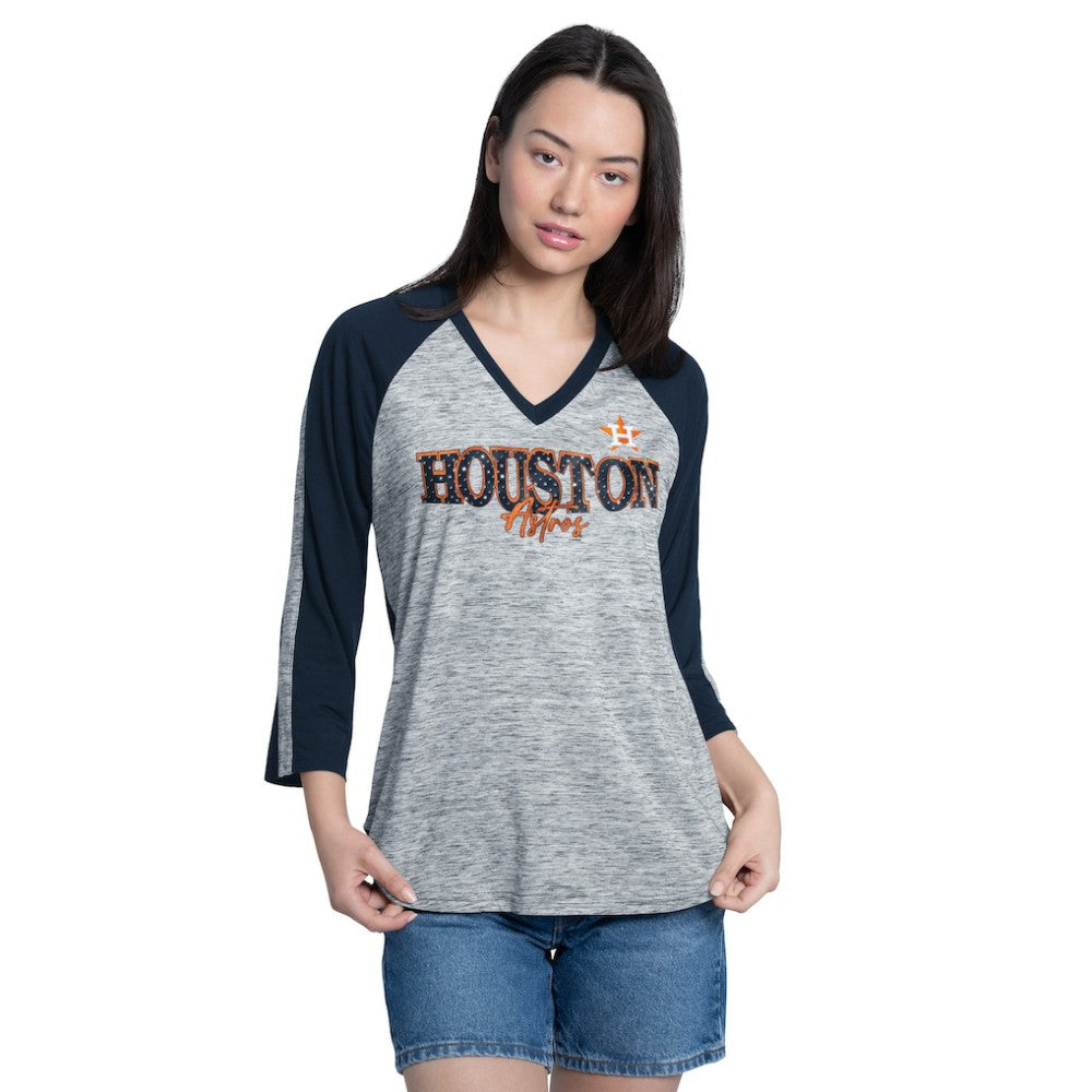 Houston Astros G-III 4Her by Carl Banks Women's Speed Training 3/4-Sleeve Rhinestone V-Neck T-Shirt - Navy/Heather Navy