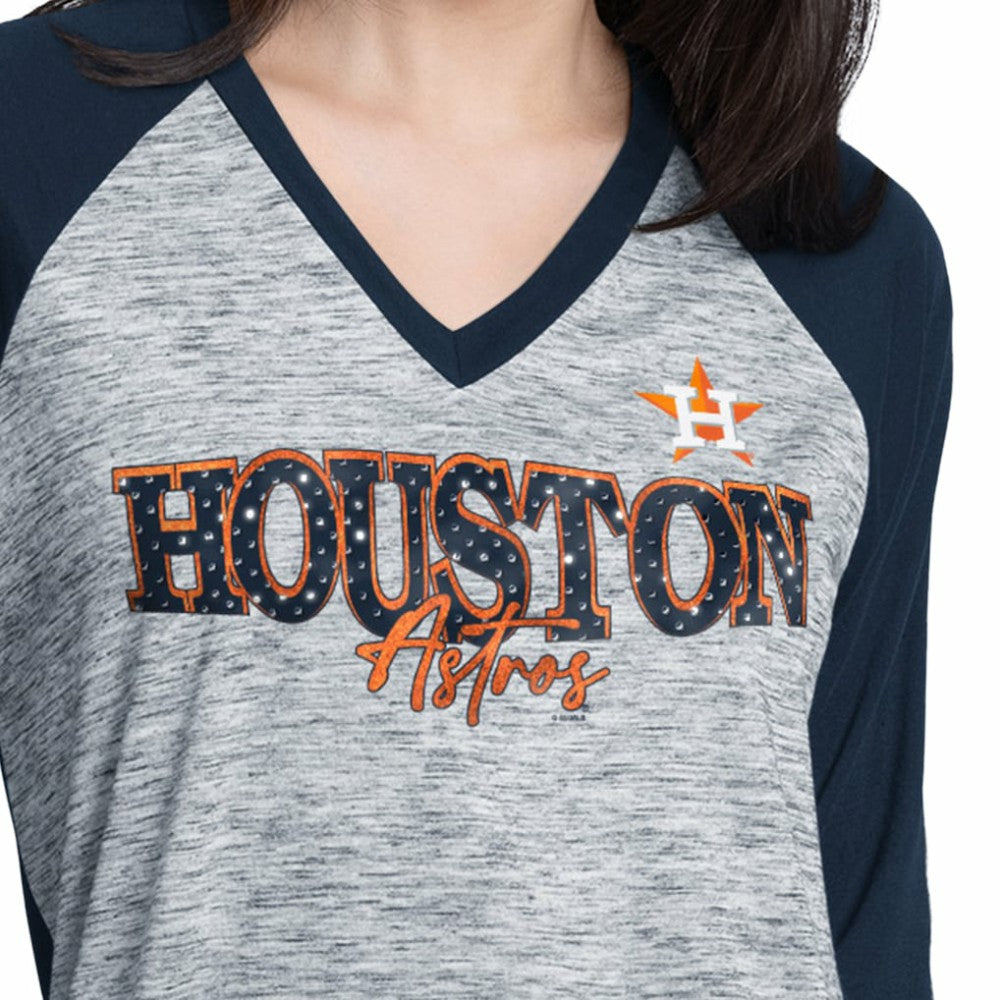 Houston Astros G-III 4Her by Carl Banks Women's Speed Training 3/4-Sleeve Rhinestone V-Neck T-Shirt - Navy/Heather Navy