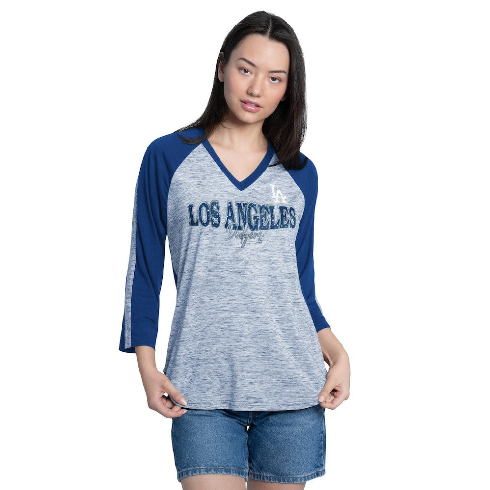 Los Angeles Dodgers G-III 4Her by Carl Banks Women's Speed Training 3/4-Sleeve Rhinestone V-Neck T-Shirt - Royal/Heather Royal