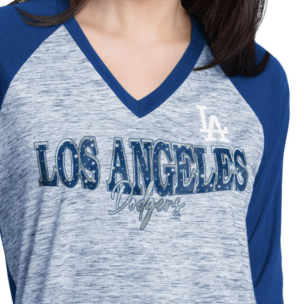 Los Angeles Dodgers G-III 4Her by Carl Banks Women's Speed Training 3/4-Sleeve Rhinestone V-Neck T-Shirt - Royal/Heather Royal