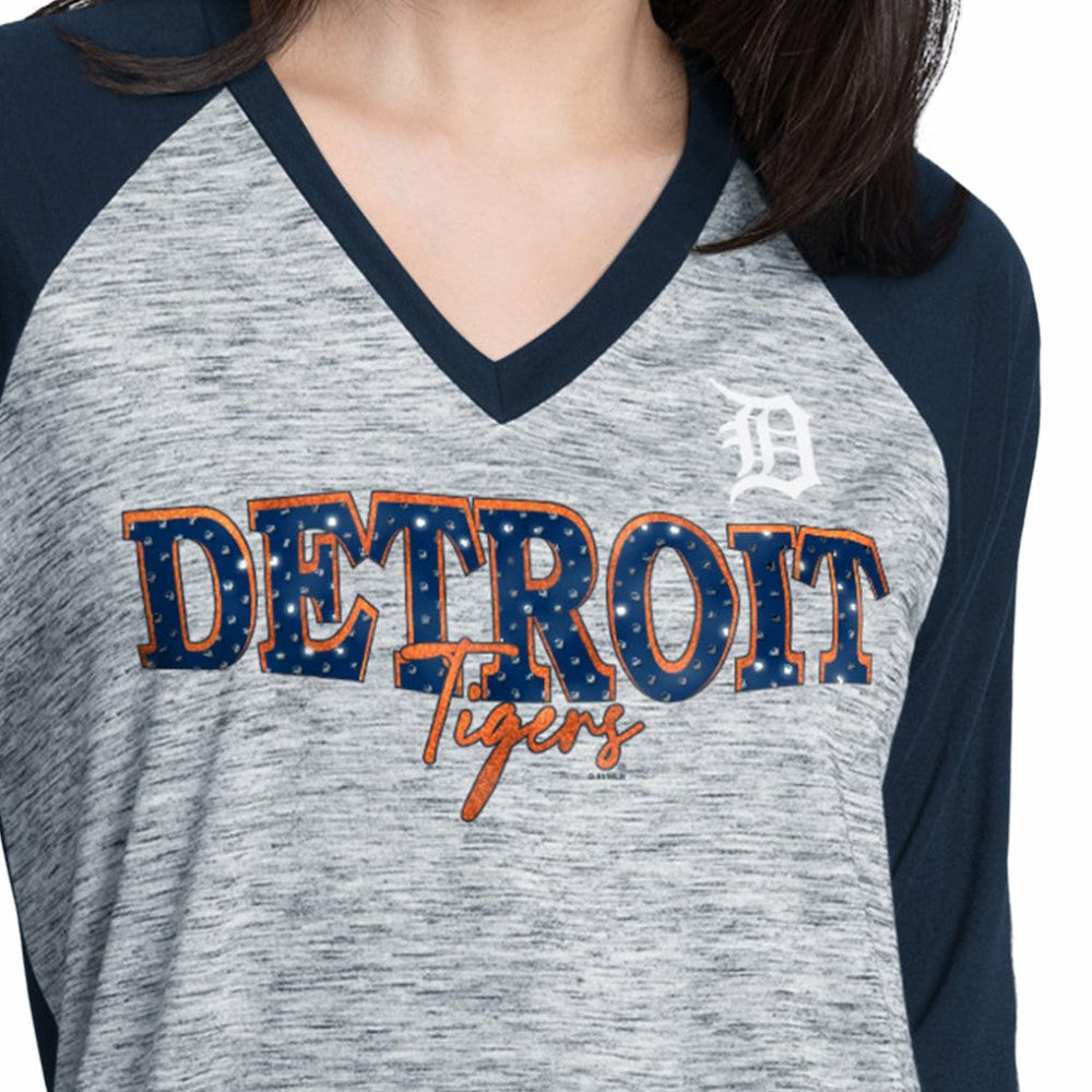 Detroit Tigers G-III 4Her by Carl Banks Women's Speed Training 3/4-Sleeve Rhinestone V-Neck T-Shirt - Navy/Heather Navy
