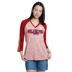 Philadelphia Phillies G-III 4Her by Carl Banks Women's Speed Training 3/4-Sleeve Rhinestone V-Neck T-Shirt - Red/Heather Red