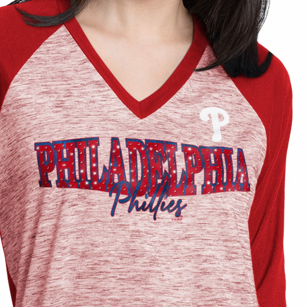 Philadelphia Phillies G-III 4Her by Carl Banks Women's Speed Training 3/4-Sleeve Rhinestone V-Neck T-Shirt - Red/Heather Red