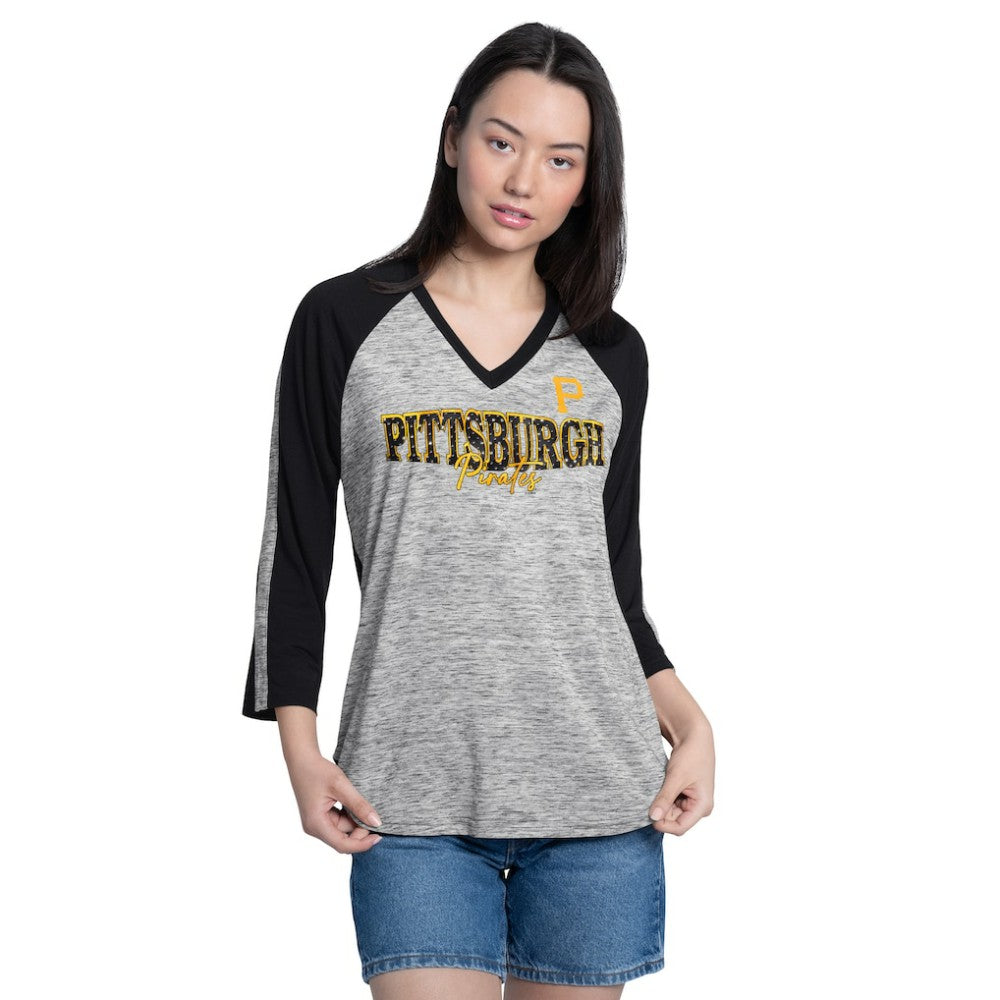Pittsburgh Pirates G-III 4Her by Carl Banks Women's Speed Training 3/4-Sleeve Rhinestone V-Neck T-Shirt - Black/Heather Black