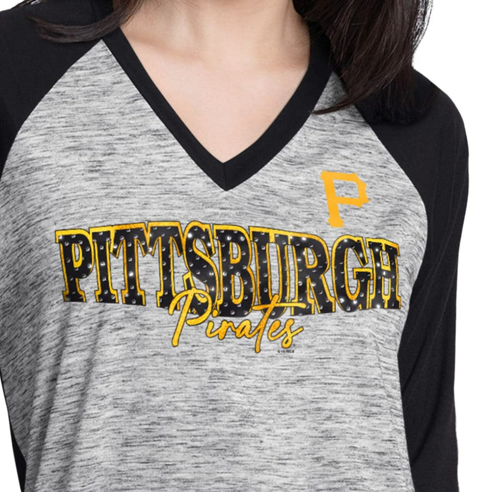 Pittsburgh Pirates G-III 4Her by Carl Banks Women's Speed Training 3/4-Sleeve Rhinestone V-Neck T-Shirt - Black/Heather Black