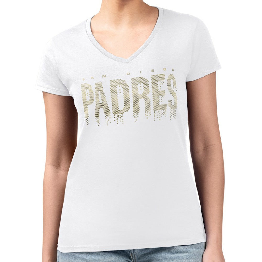 San Diego Padres G-III 4Her by Carl Banks Women's Metallic Drop Lightweight V-Neck T-Shirt - White
