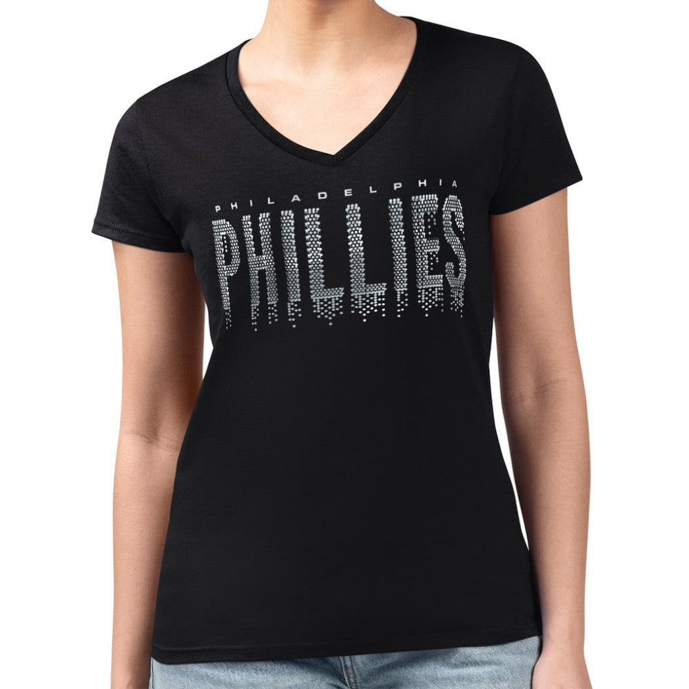 Philadelphia Phillies G-III 4Her by Carl Banks Women's Metallic Drop Lightweight V-Neck T-Shirt - Black