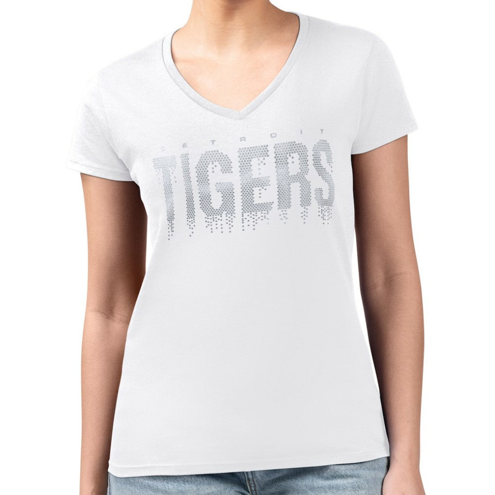 Detroit Tigers G-III 4Her by Carl Banks Women's Metallic Drop Lightweight V-Neck T-Shirt - White