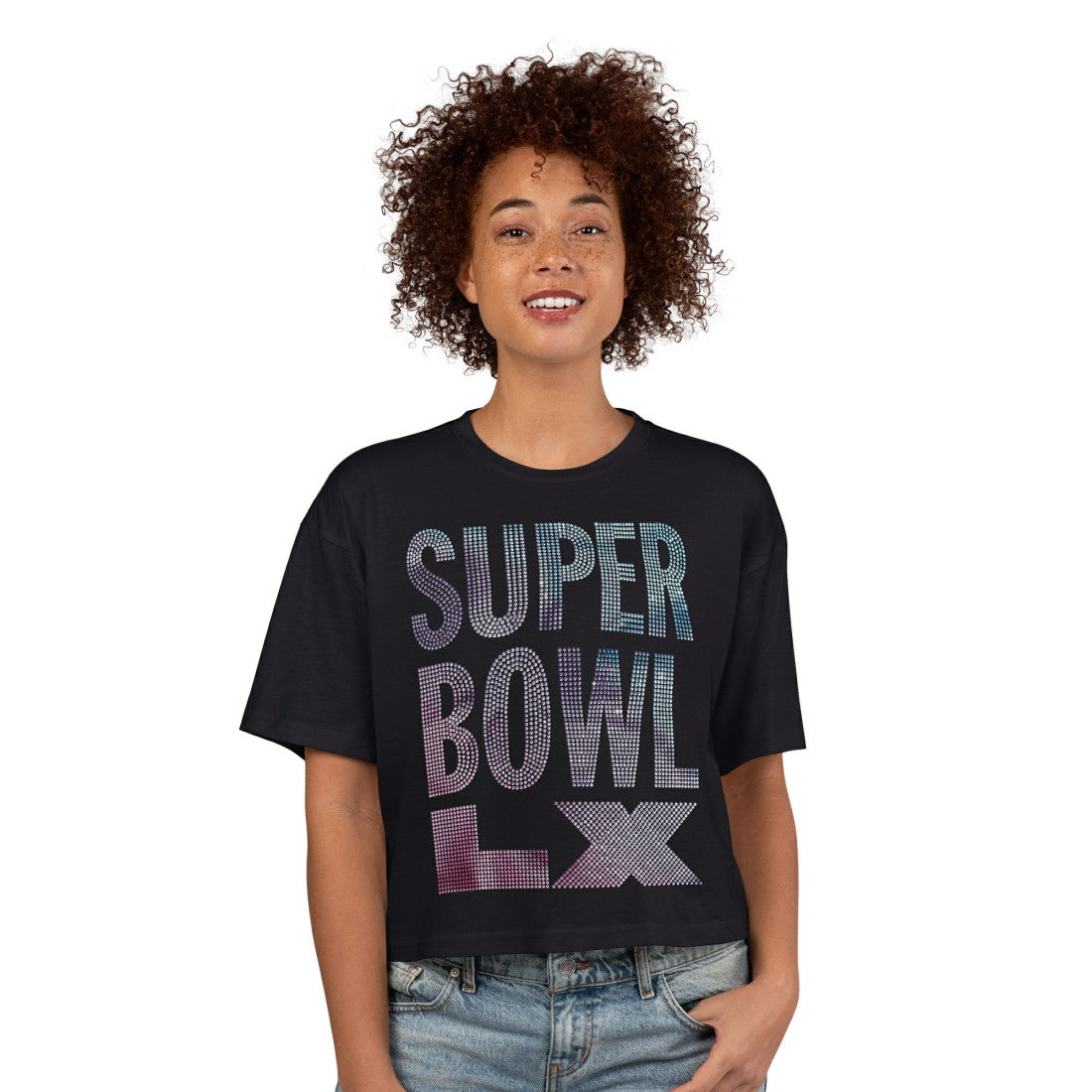 NFL New England Patriots Super Bowl LX G-III 4Her by Carl Banks Women's Play Ball Oversized Rhinestone Cropped T-Shirt