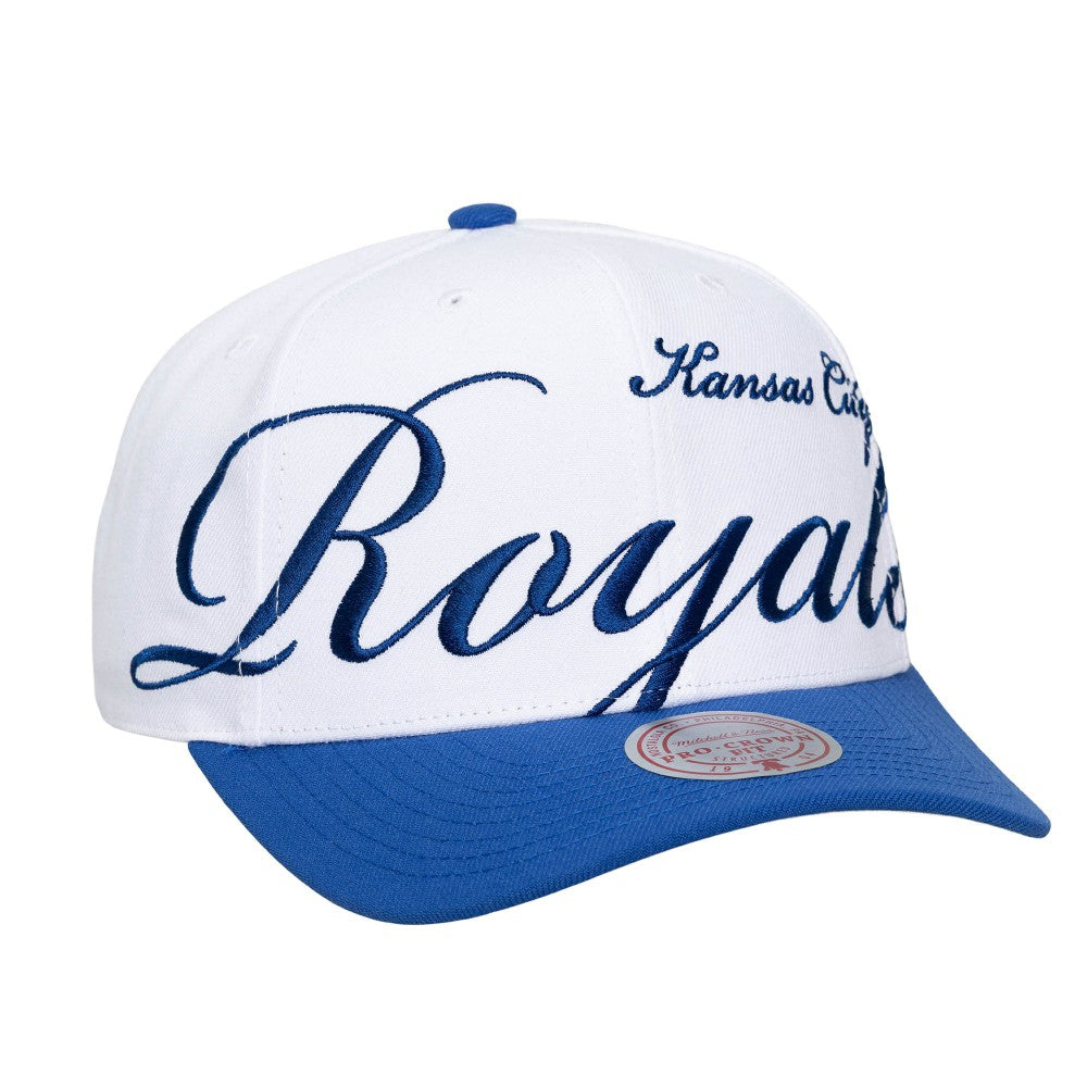 Kansas City Royals Unisex XL Script Pro Crown Snapback Hat - White/Royal | Mitchell & Ness