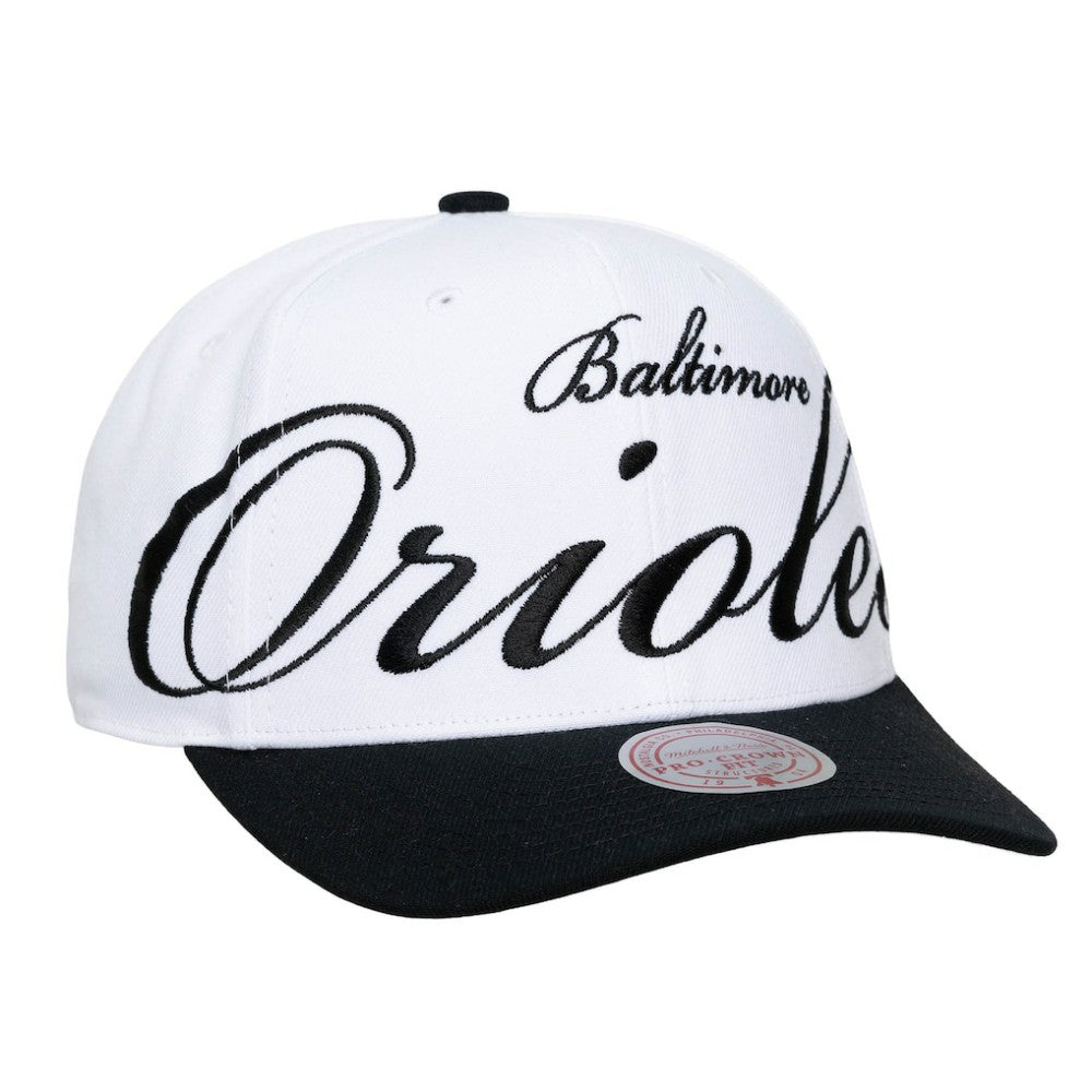 Baltimore Orioles Unisex XL Script Pro Crown Snapback Hat - White/Black | Mitchell & Ness