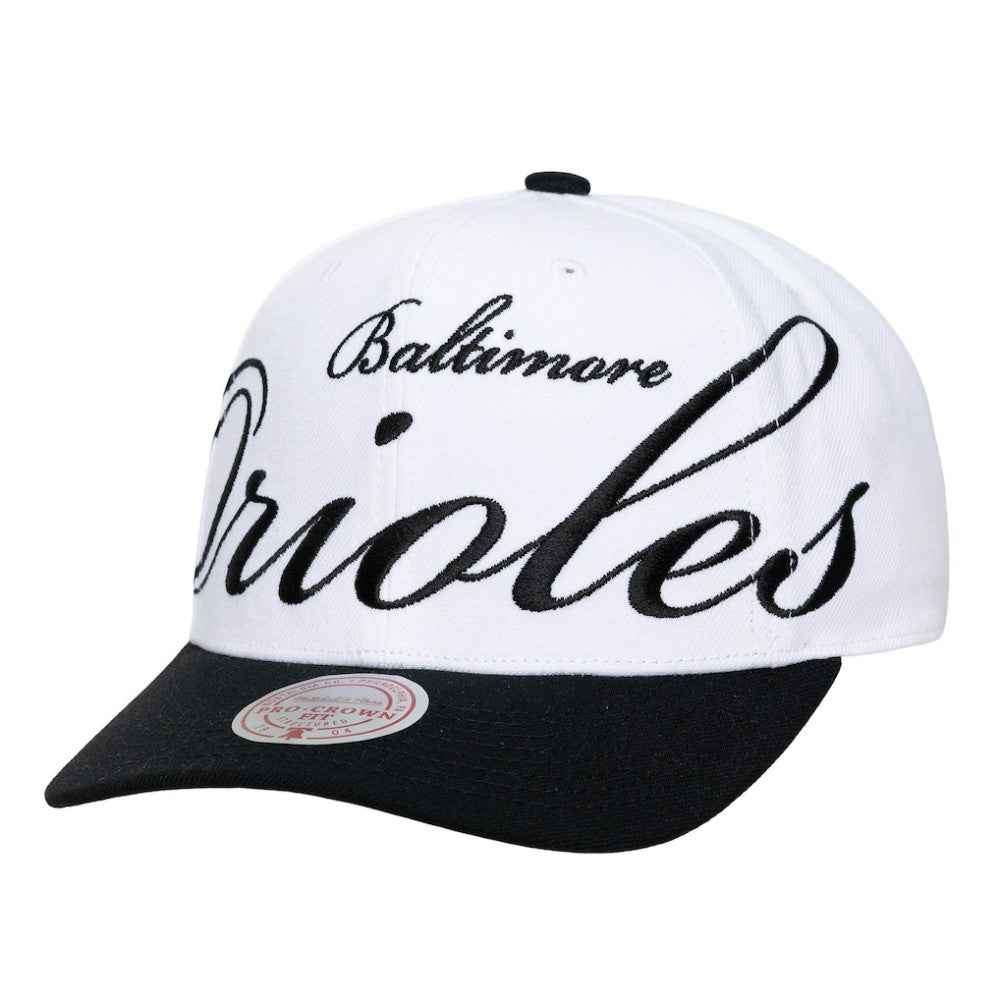Baltimore Orioles Unisex XL Script Pro Crown Snapback Hat - White/Black | Mitchell & Ness