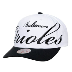 Baltimore Orioles Unisex XL Script Pro Crown Snapback Hat - White/Black | Mitchell & Ness