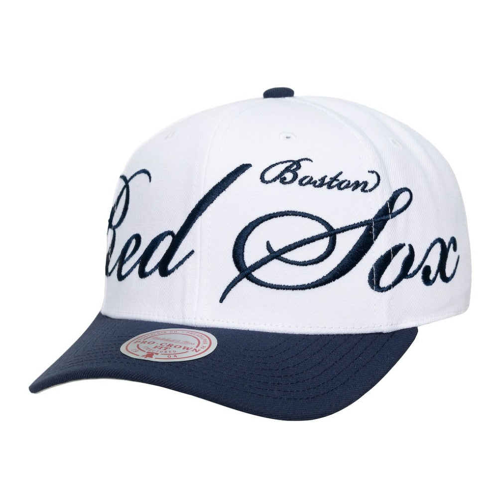 Boston Red Sox Unisex XL Script Pro Crown Snapback Hat - White/Navy | Mitchell & Ness