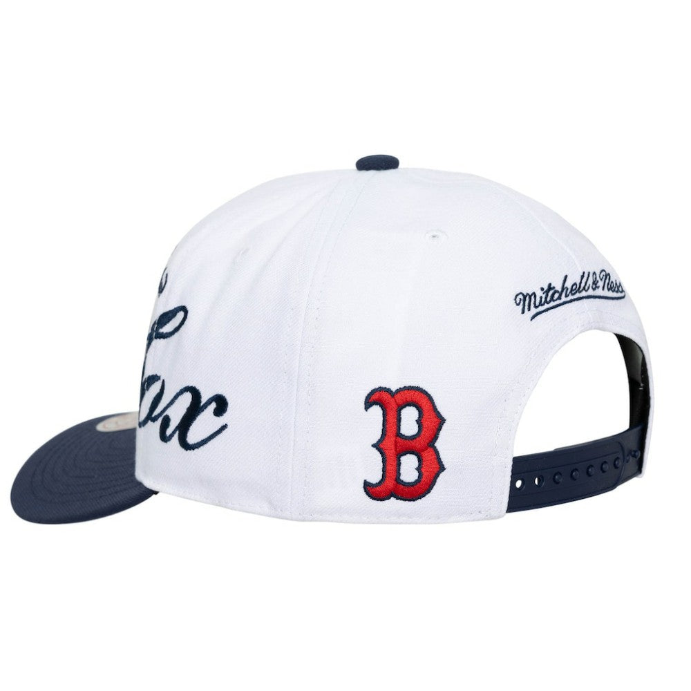 Boston Red Sox Unisex XL Script Pro Crown Snapback Hat - White/Navy | Mitchell & Ness