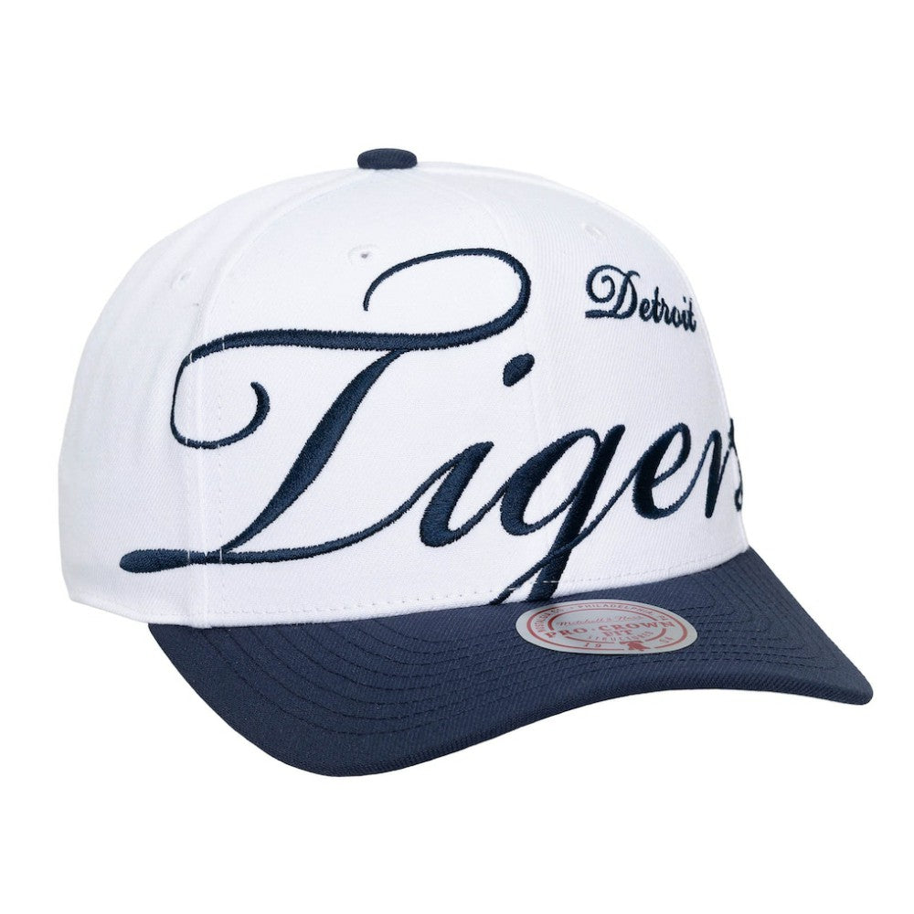 Detroit Tigers Unisex XL Script Pro Crown Snapback Hat - White/Navy | Mitchell & Ness