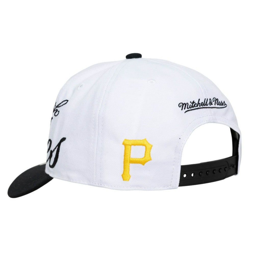 Pittsburgh Pirates Unisex XL Script Pro Crown Adjustable Hat - White/Black | Mitchell & Ness