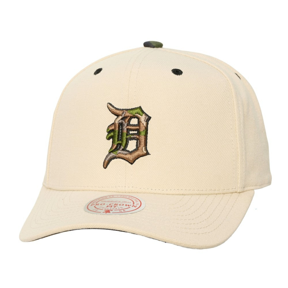 Detroit Tigers Unisex Camo Logo Pro Crown Snapback Hat - Cream | Mitchell & Ness