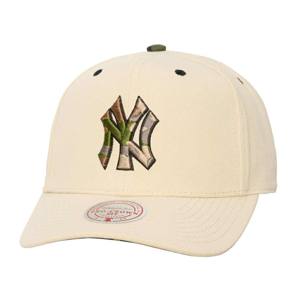 New York Yankees Unisex Camo Logo Pro Crown Snapback Hat - Cream | Mitchell & Ness