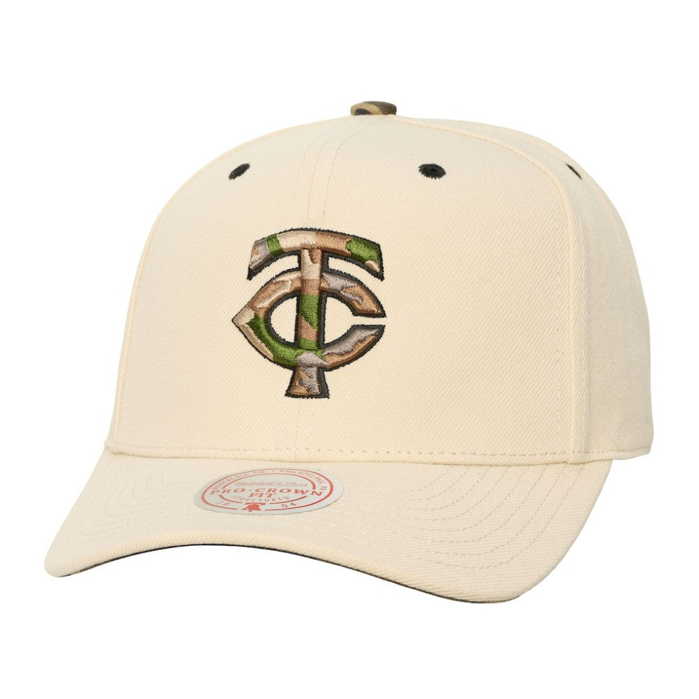 Minnesota Twins Unisex Camo Logo Pro Crown Snapback Hat - Cream | Mitchell & Ness