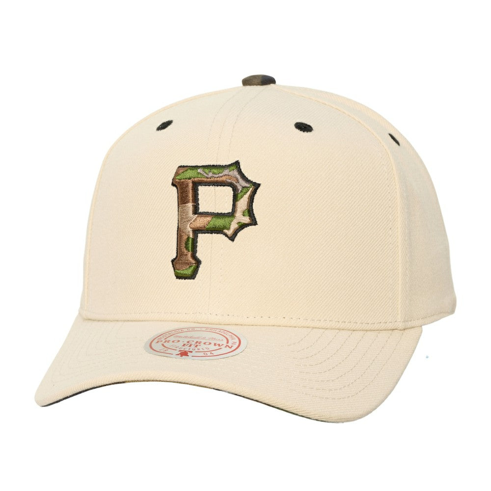 Pittsburgh Pirates Unisex Camo Logo Pro Crown Snapback Hat - Cream | Mitchell & Ness