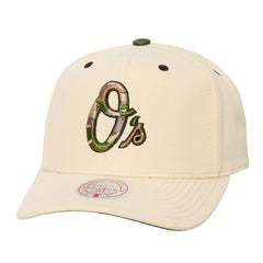 Baltimore Orioles Unisex Camo Logo Pro Crown Snapback Hat - Cream | Mitchell & Ness