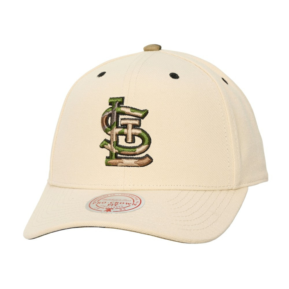St. Louis Cardinals Unisex Camo Logo Pro Crown Snapback Hat - Cream | Mitchell & Ness