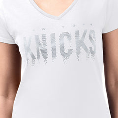 New York Knicks G-III 4Her by Carl Banks Women's Super-Slim-Fit Metallic Drop Lightweight V-Neck T-Shirt - White on sale