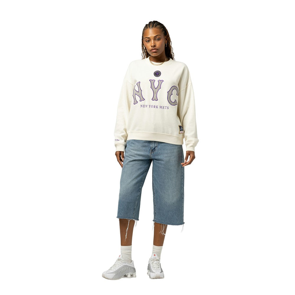 New York Mets Women's Premium Oversized Crewneck Sweatshirt - Cream | Mitchell & Ness