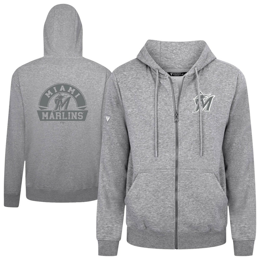 Miami Marlins Levelwear Podium Chenille Logo Full-Zip Hoodie - Heather Gray