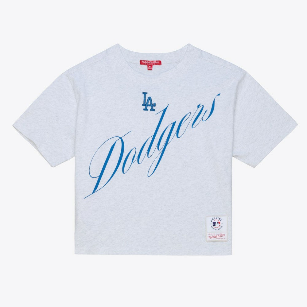 Los Angeles Dodgers Women's Script Cropped Boxy T-Shirt - Heather Gray | Mitchell & Ness