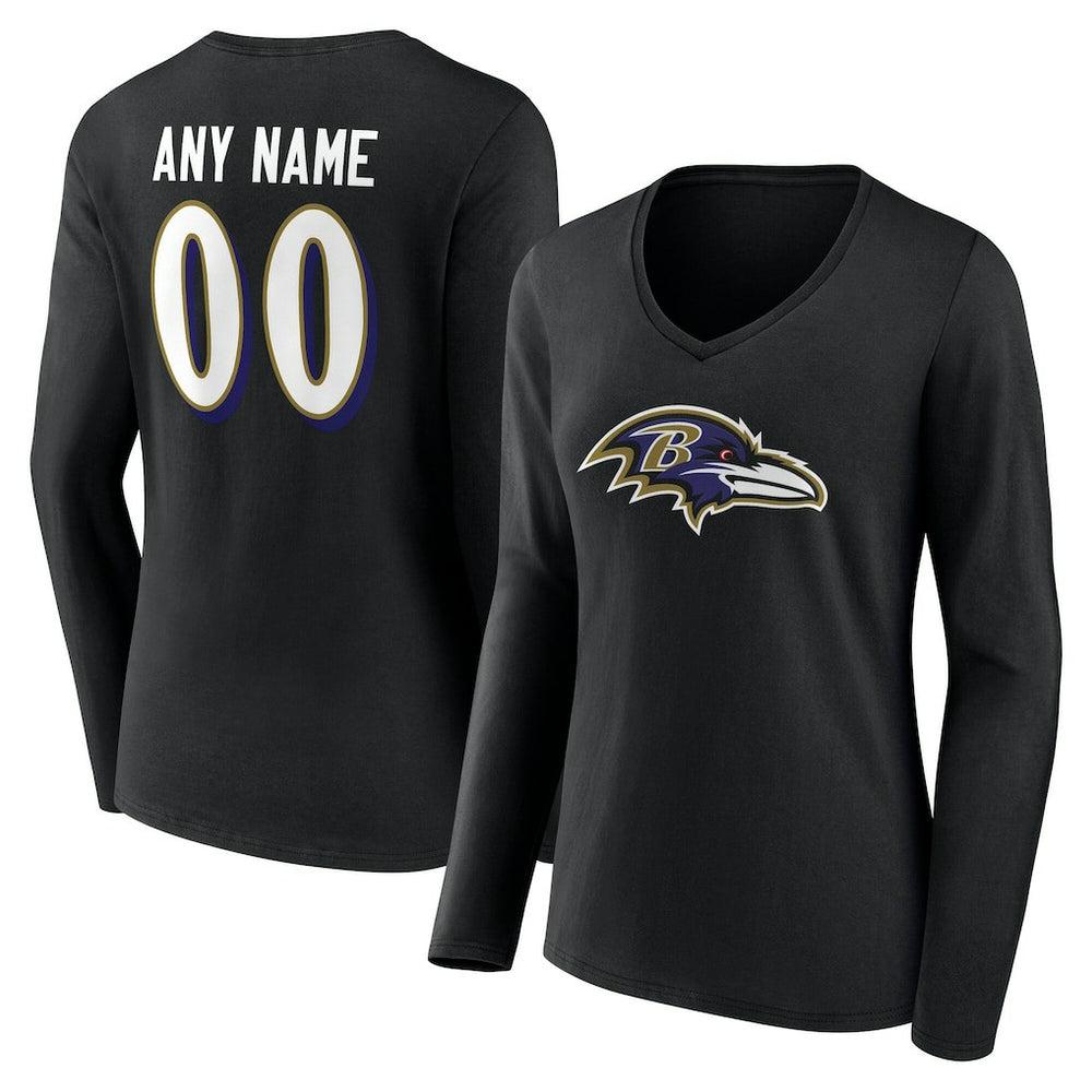 NFL Baltimore Ravens Women's Team Authentic Personalized Name & Number Long Sleeve V-Neck T-Shirt