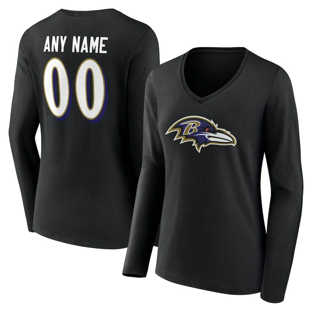NFL Baltimore Ravens Women's Team Authentic Personalized Name & Number Long Sleeve V-Neck T-Shirt
