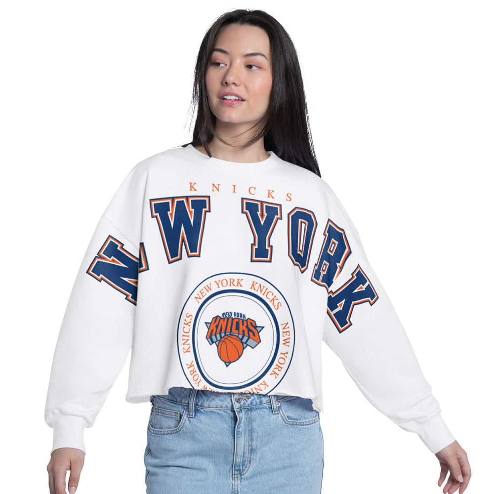 New York Knicks G-III 4Her by Carl Banks Women's Bleachers Cropped French Terry Sweatshirt - White outlet
