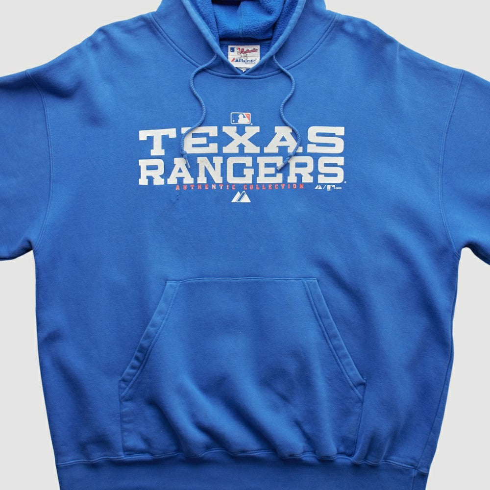Texas Rangers Majestic 2000s Hooded Pullover Sweatshirt - Blue Vintage