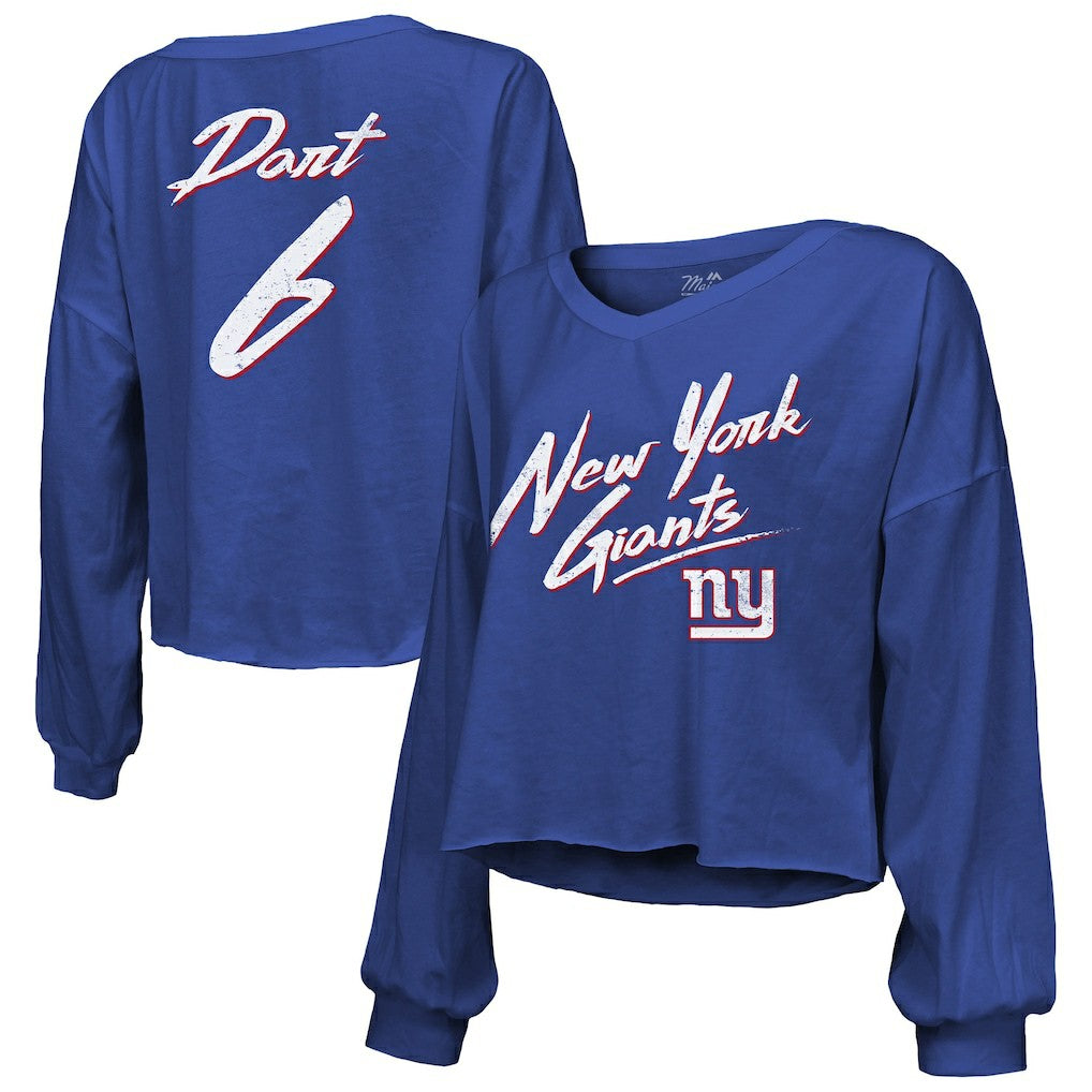 NFL New York Giants Jaxson Dart  Majestic Threads Women's Script Name & Number Long Sleeve T-Shirt