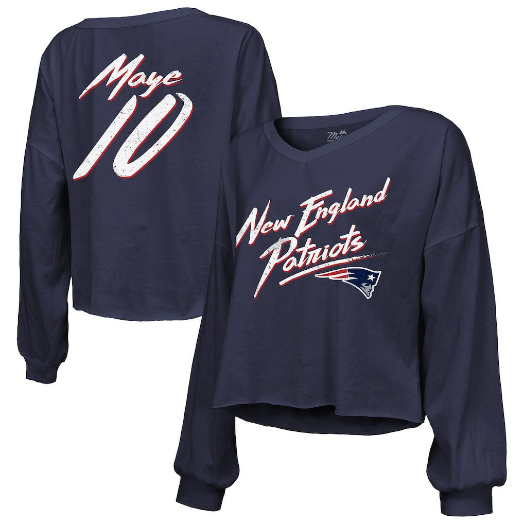 NFL New England Patriots Drake Maye  Majestic Threads Women's Off-Shoulder Script Name & Number V-Neck T-Shirt