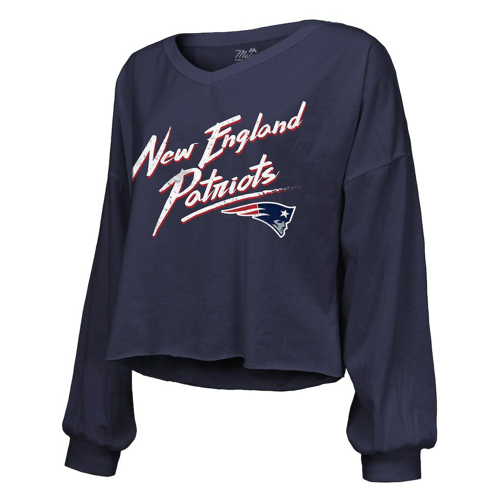 NFL New England Patriots Drake Maye  Majestic Threads Women's Off-Shoulder Script Name & Number V-Neck T-Shirt