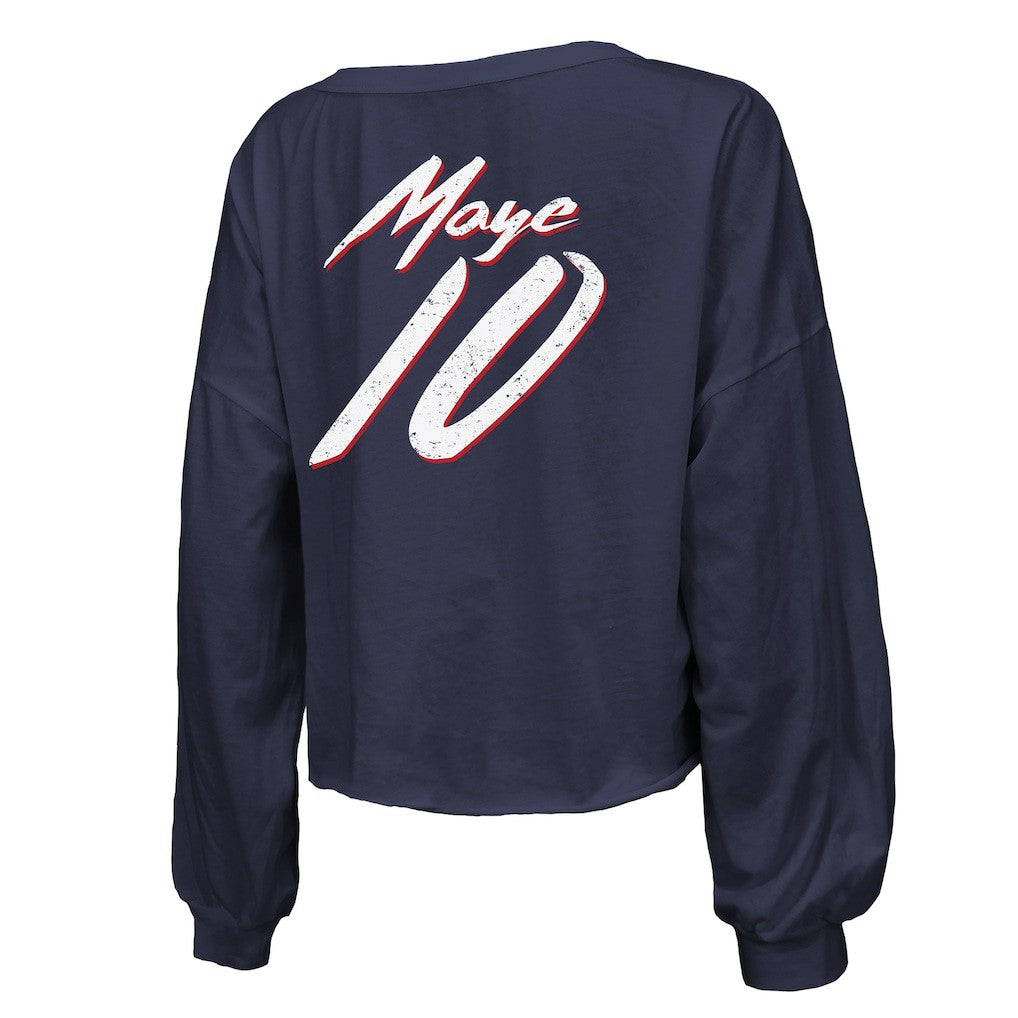 NFL New England Patriots Drake Maye  Majestic Threads Women's Off-Shoulder Script Name & Number V-Neck T-Shirt