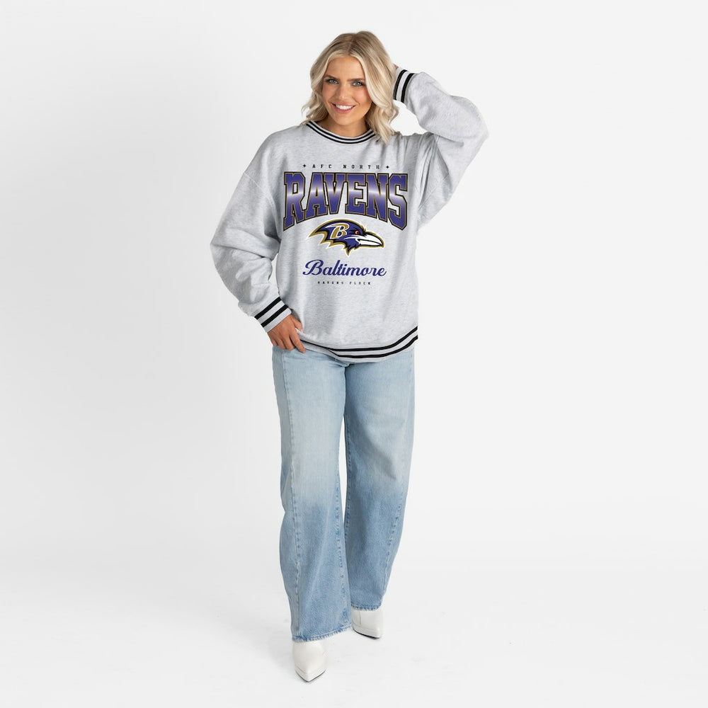 NFL Baltimore Ravens Gameday Couture Women's Oversized Gridiron Drive Ringer Stripe Sweatshirt