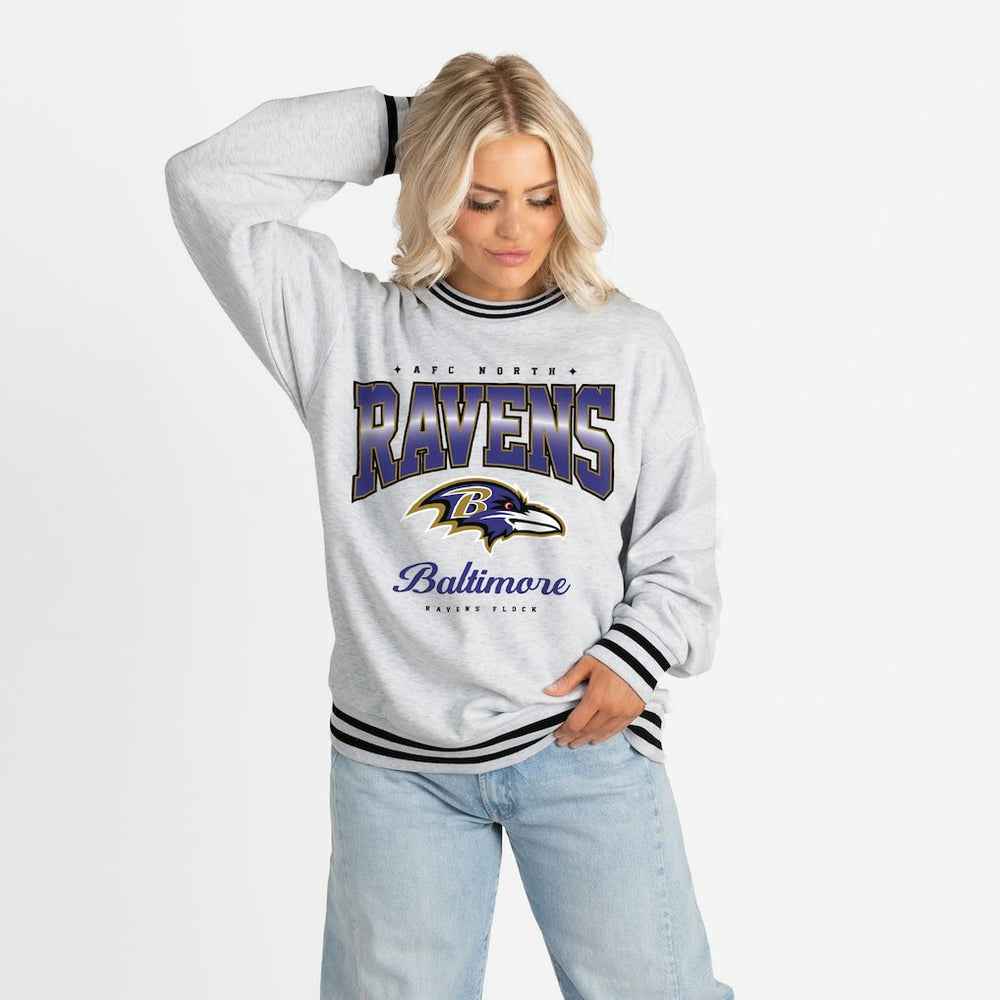 NFL Baltimore Ravens Gameday Couture Women's Oversized Gridiron Drive Ringer Stripe Sweatshirt