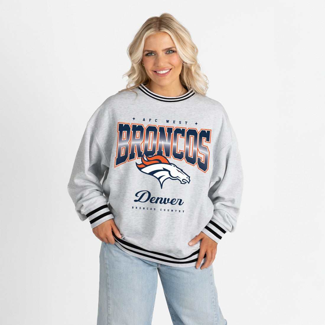 NFL Denver Broncos Gameday Couture Women's Oversized Gridiron Drive Ringer Stripe Sweatshirt