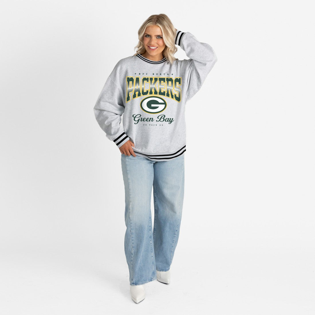NFL Green Bay Packers Gameday Couture Women's Oversized Gridiron Drive Ringer Stripe Sweatshirt