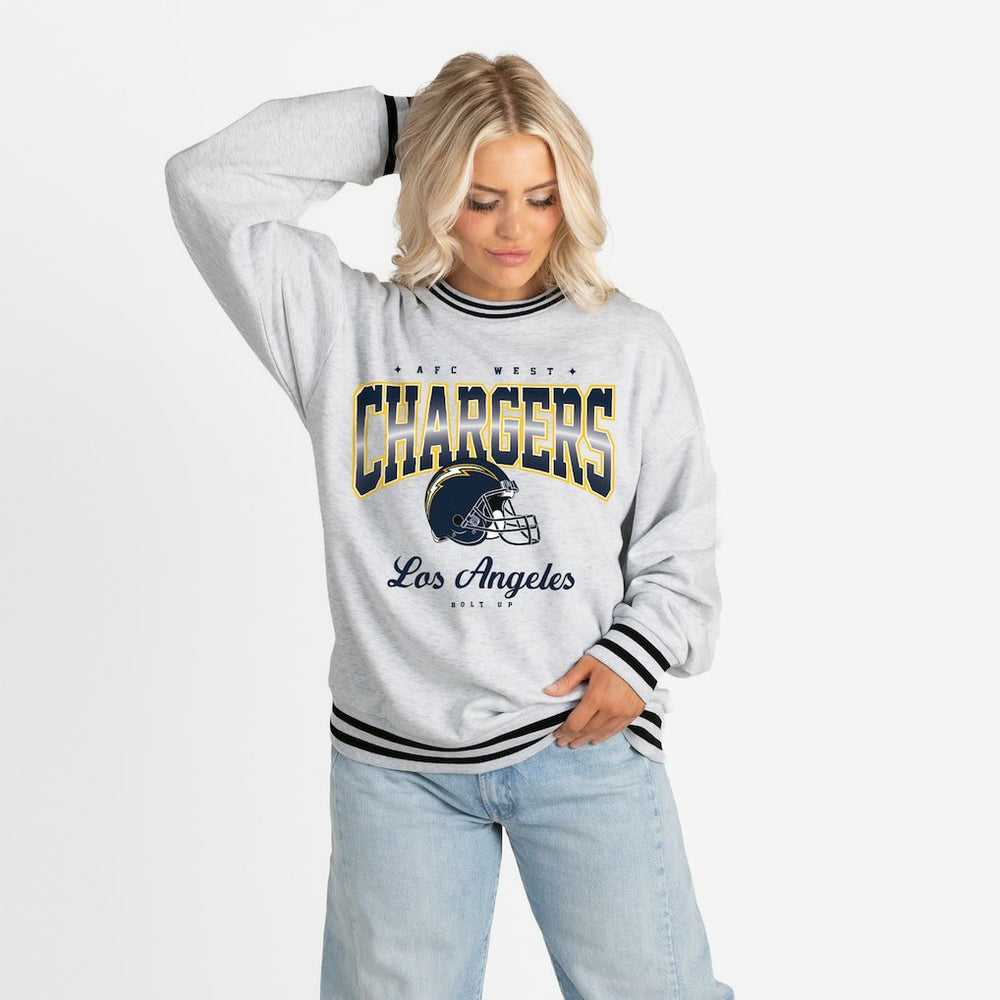 NFL Los Angeles Chargers Gameday Couture Women's Oversized Gridiron Drive Ringer Stripe Sweatshirt