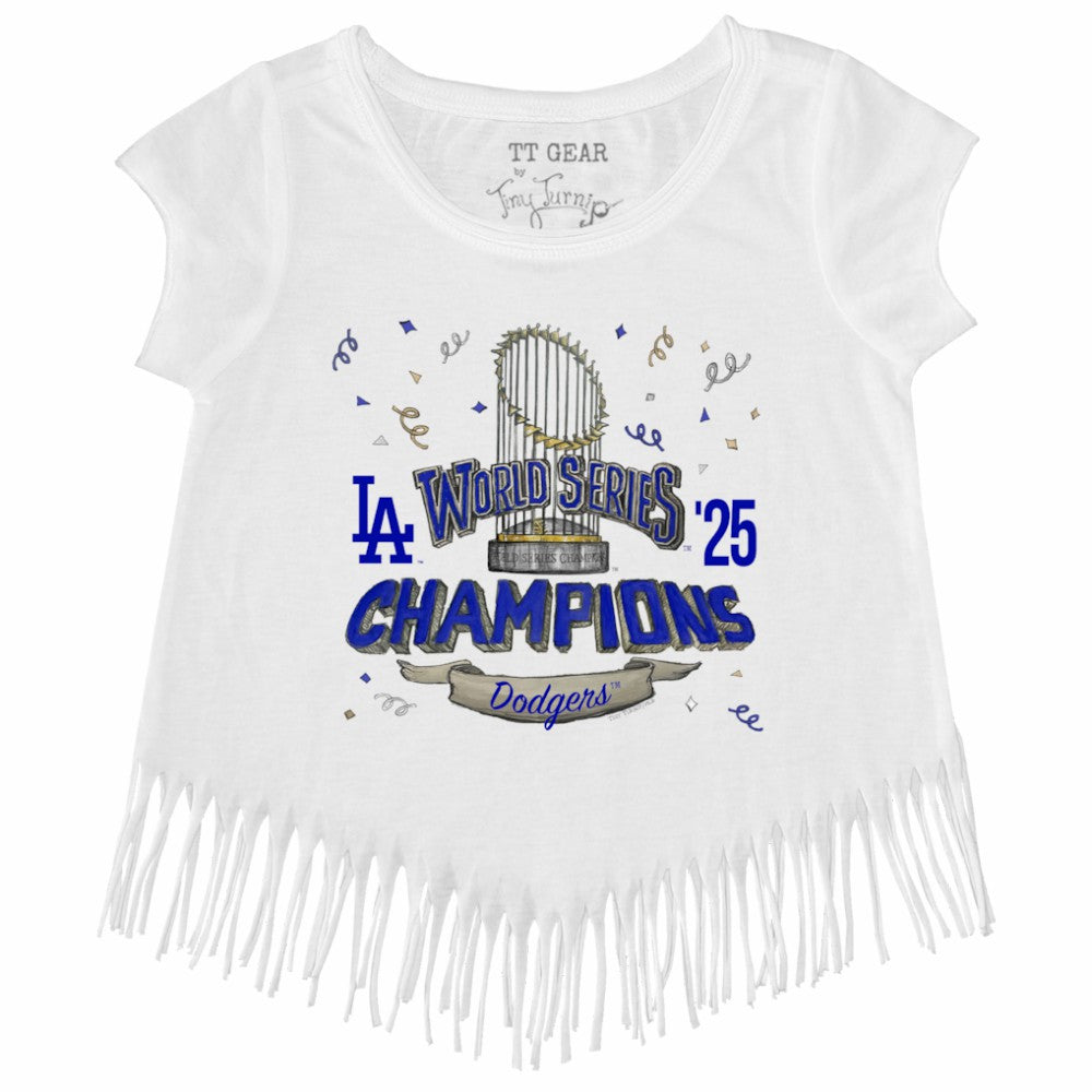 Los Angeles Dodgers Tiny Turnip Girls Youth 2025 World Series Champions Parade Fringe T-Shirt - White