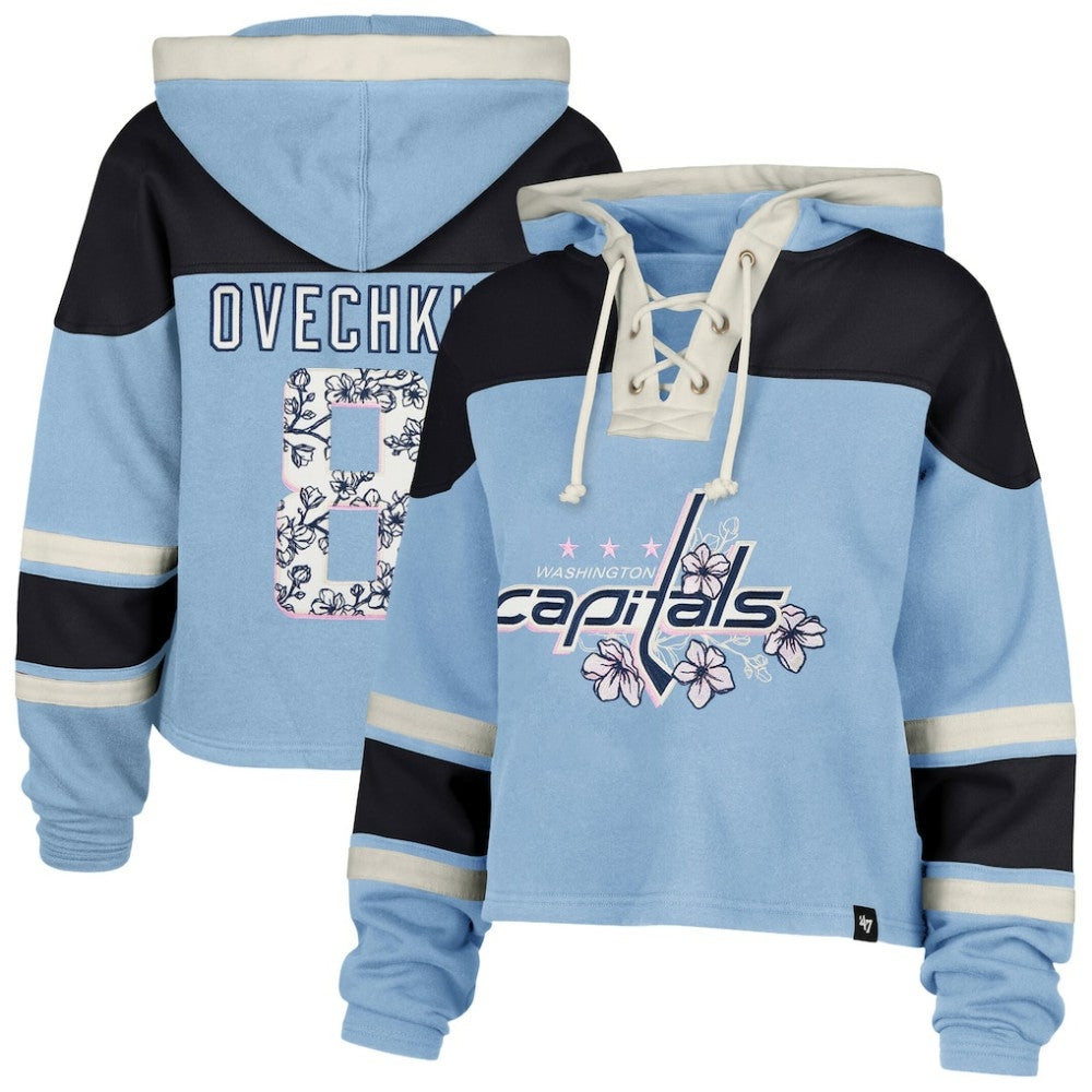 Alexander Ovechkin Washington Capitals '47 Women's Cherry Blossom Superior Lacer Cropped Pullover Hoodie