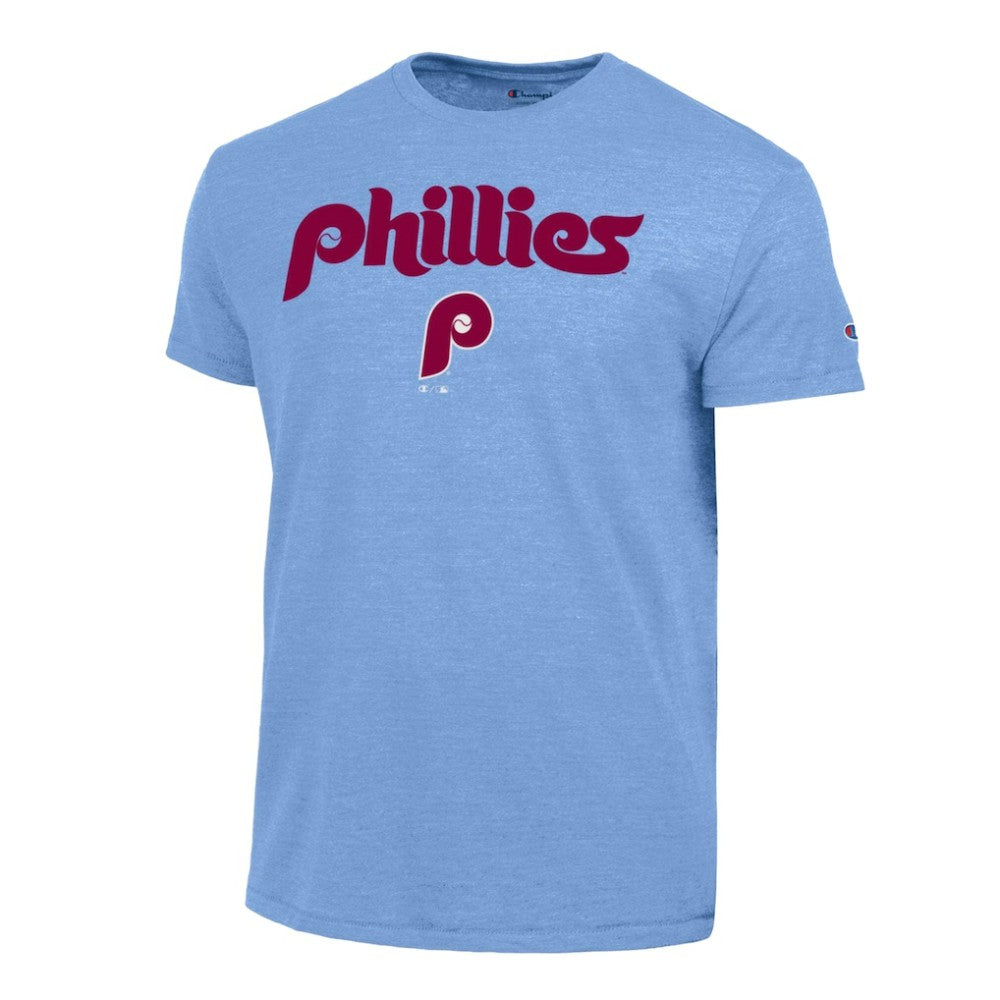Philadelphia Phillies Champion Cooperstown Wordmark Lockup Tri-Blend T-Shirt - Light Blue