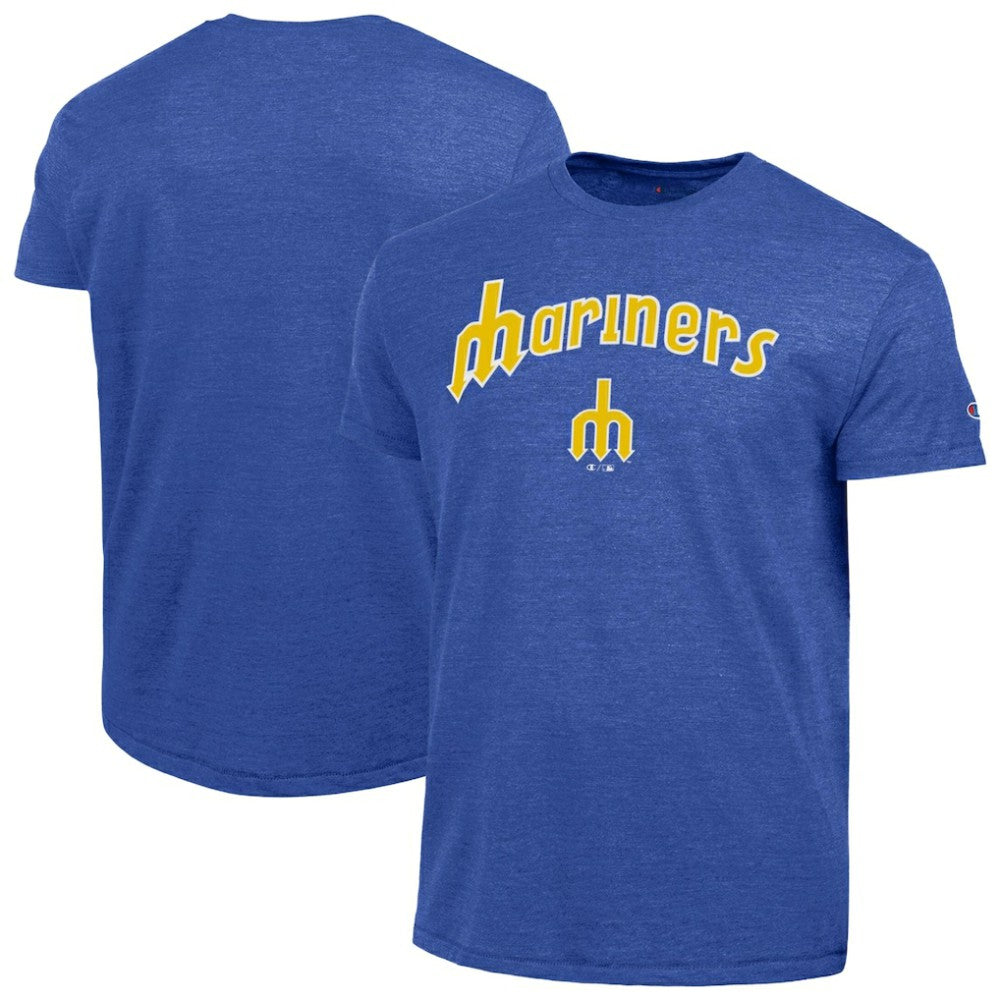 Seattle Mariners Champion Cooperstown Wordmark Lockup Tri-Blend T-Shirt - Royal